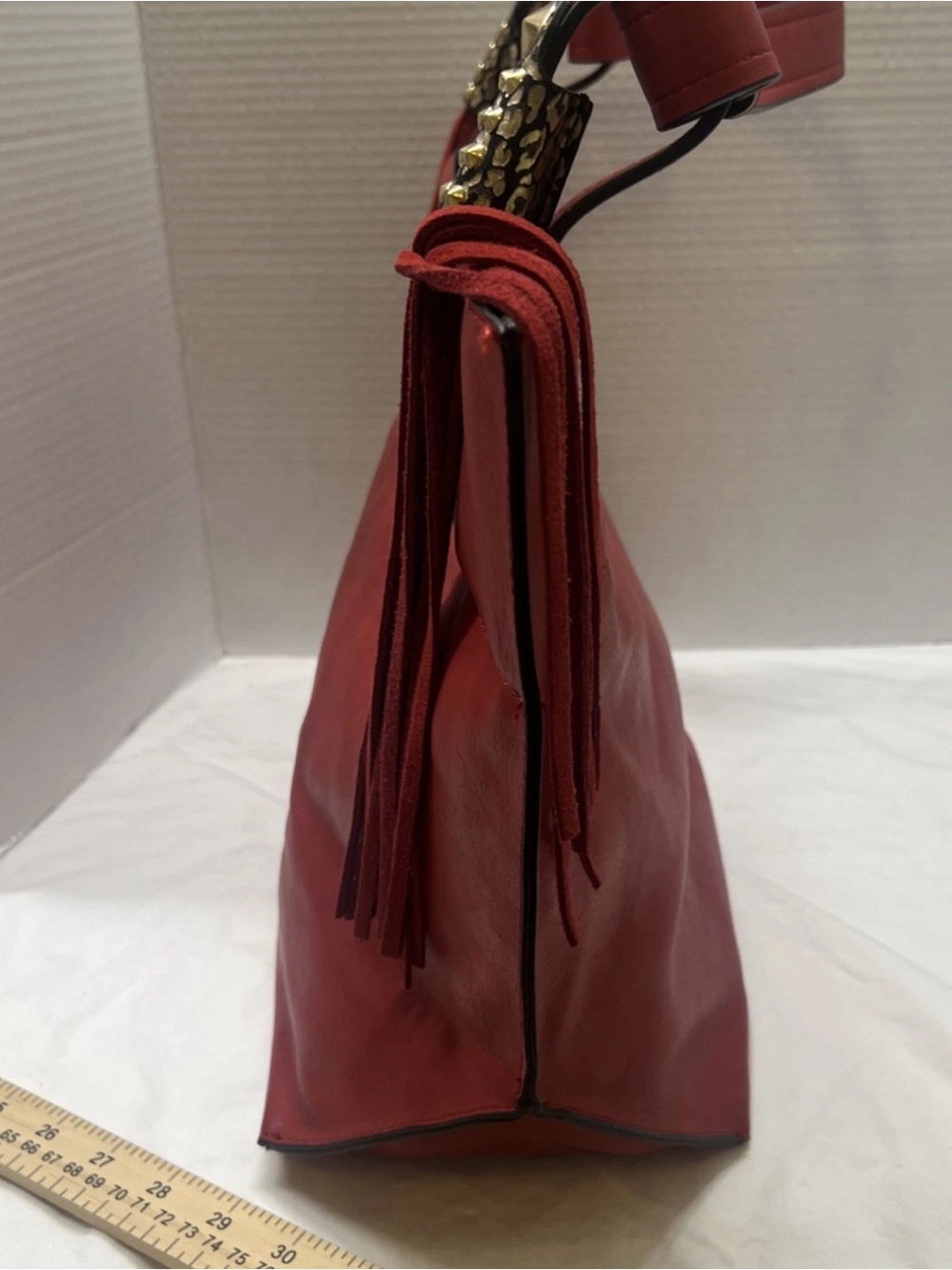 Frank Lyman Design Red Leather Tassel Shoulder Bag with Gold Accents - Picture 9 of 13
